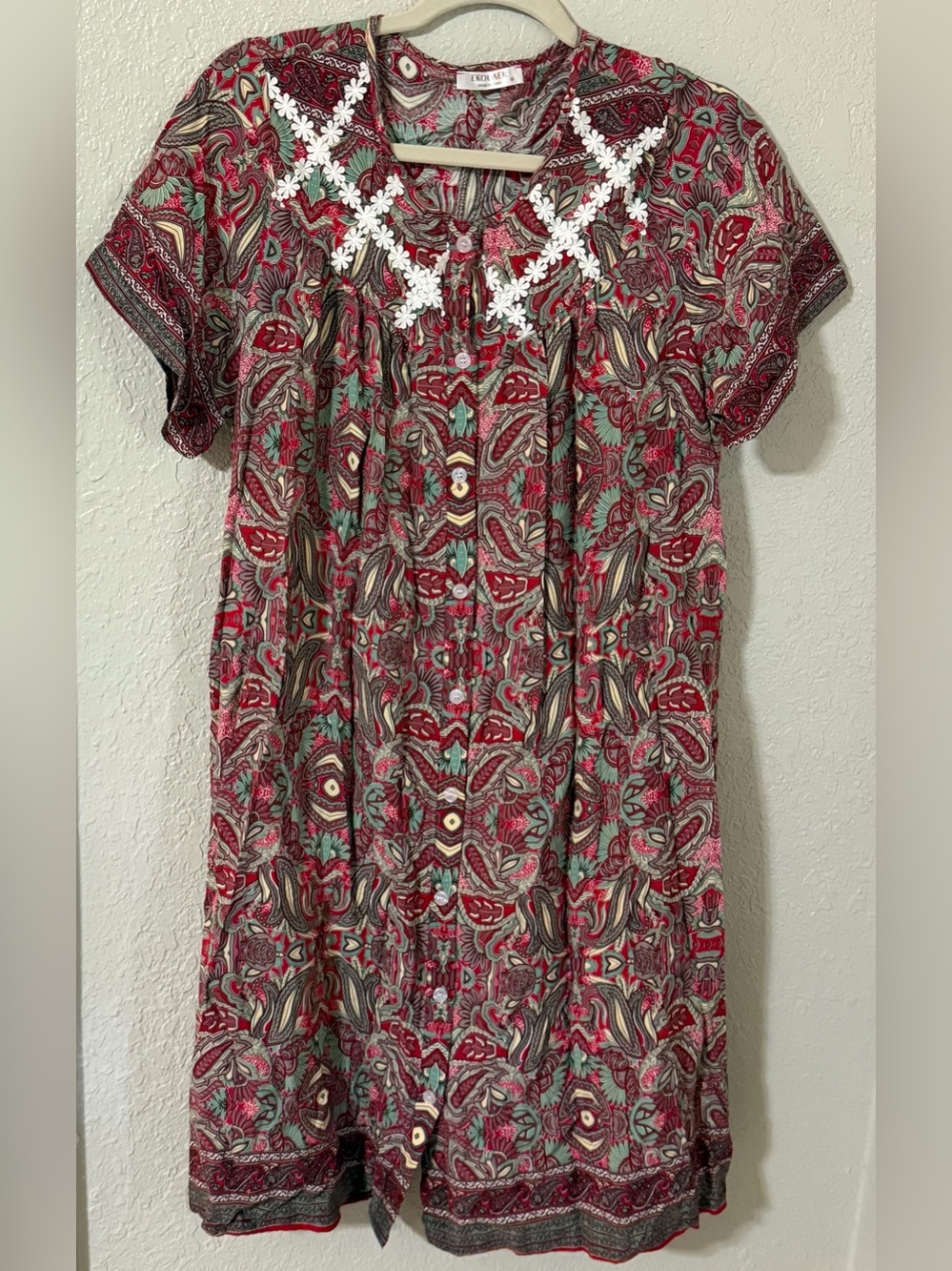 Floral Paisley Short-Sleeve Button Front Women’s Top in Red and Teal
